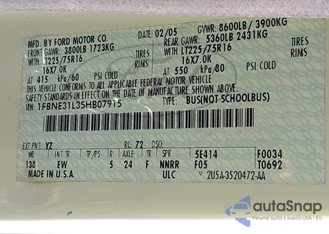 2005 Ford E-350 Super Duty Chateau/Xl/Xlt z USA, uszkodzony, nr VIN 1FBNE31L35HB07915